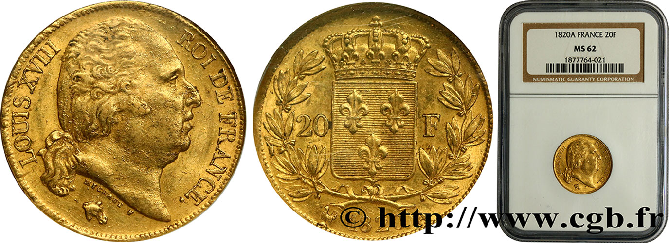 20 francs or Louis XVIII, tête nue 1820 Paris F.519/19 EBC62 NGC