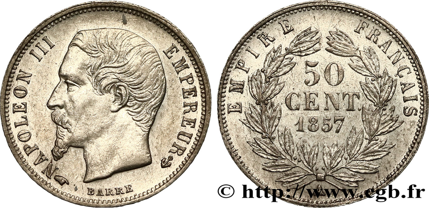 50 centimes Napoléon III, tête nue 1857 Paris F.187/8 SUP55 