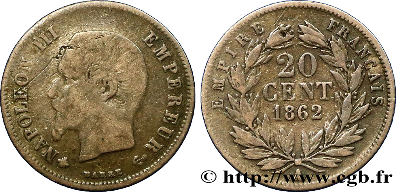 20 centimes Napoléon III, tête nue 1862 Paris F.148/17 TB25 