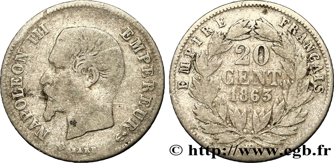 20 centimes Napoléon III, tête nue 1863 Strasbourg F.148/18 TB20 
