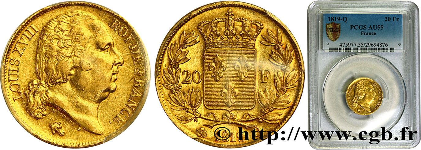 20 francs or Louis XVIII, tête nue 1819 Perpignan F.519/16 AU55 PCGS