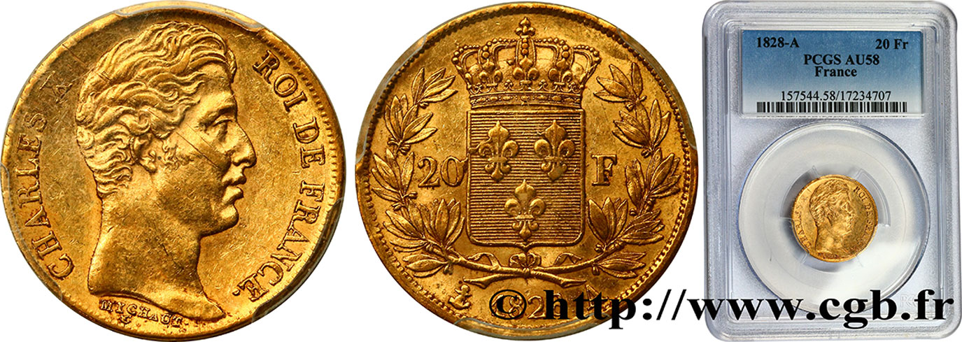 20 francs or Charles X, matrice du revers à cinq feuilles 1828 Paris F.521/2 SUP58 PCGS