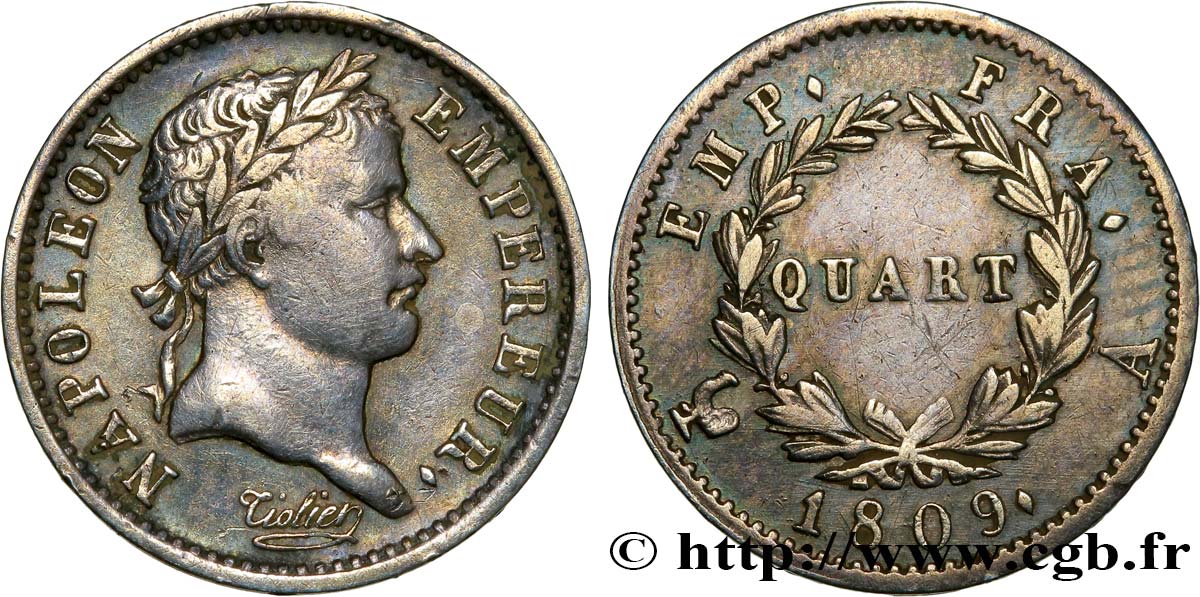 Quart (de franc) Napoléon Ier tête laurée, Empire français 1809 Paris F.162/1 XF48 