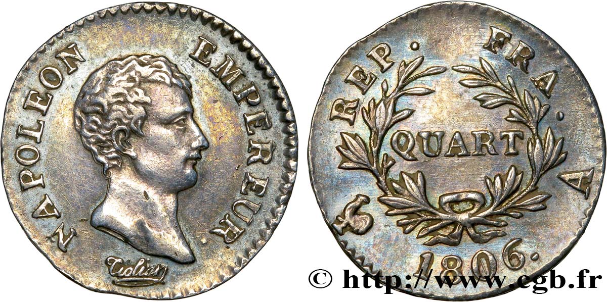 Quart (de franc) Napoléon Empereur, Calendrier grégorien 1806 Paris F.159/1 AU50 