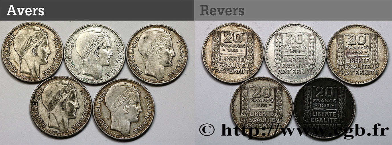 Lot de 5 pièces de 20 francs Turin n.d.  F.400/- VF 