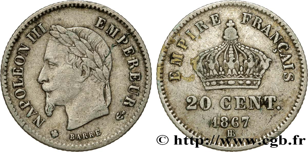 20 centimes Napoléon III, tête laurée, grand module 1867 Strasbourg F.150/2 TB30 