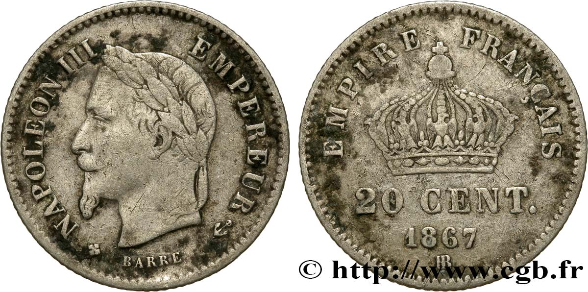 20 centimes Napoléon III, tête laurée, grand module 1867 Strasbourg F.150/2 TB30