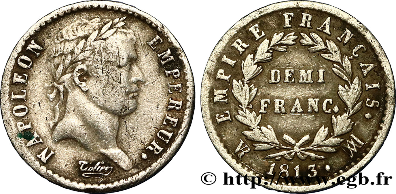 Demi-franc Napoléon Ier tête laurée, Empire français 1813 Marseille F.178/58 VF25 