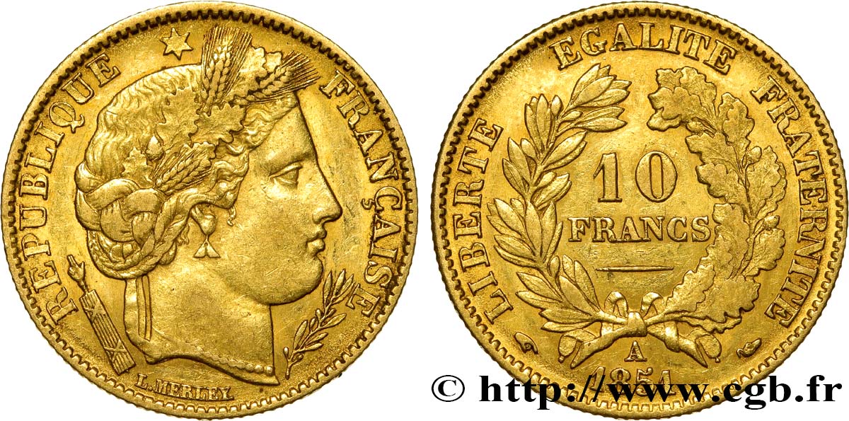 10 francs or Cérès, IIe République 1851 Paris F.504/3 XF45 