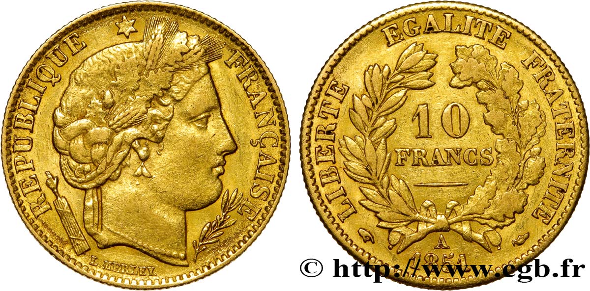 10 francs or Cérès, IIe République 1851 Paris F.504/3 TTB45 