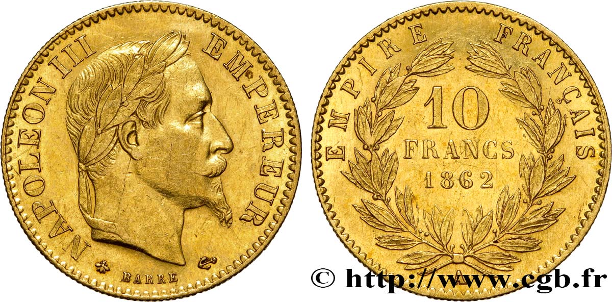 10 francs or Napoléon III, tête laurée, type définitif à grand 10 1862 Paris F.507A/1 TTB50 