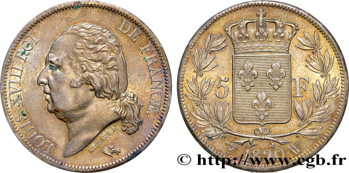5 francs Louis XVIII, tête nue 1820 Lille F.309/59 SPL58 