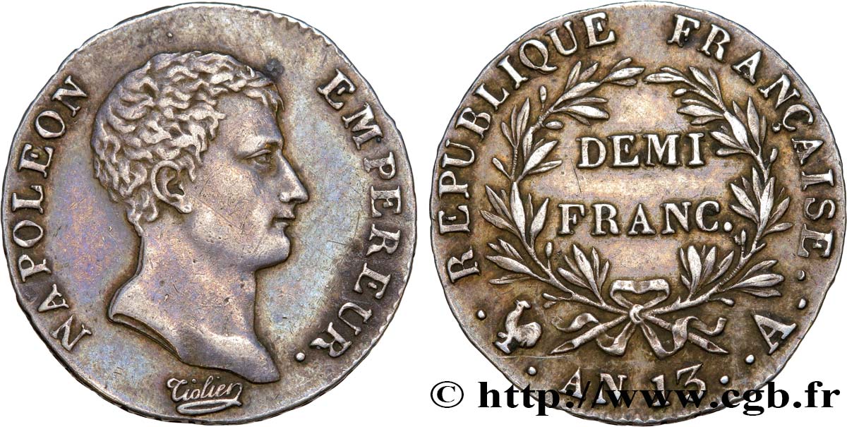 Demi-franc Napoléon Empereur, Calendrier révolutionnaire 1805 Paris F.174/10 AU55 