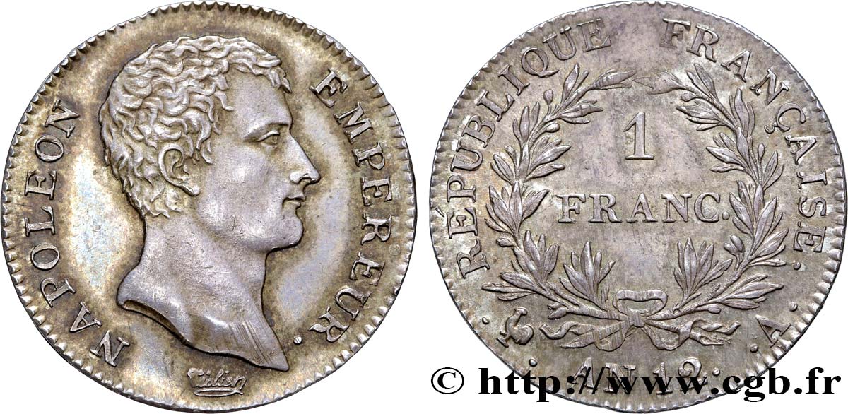 1 franc Napoléon Empereur, Calendrier révolutionnaire 1804 Paris F.201/1 AU55 