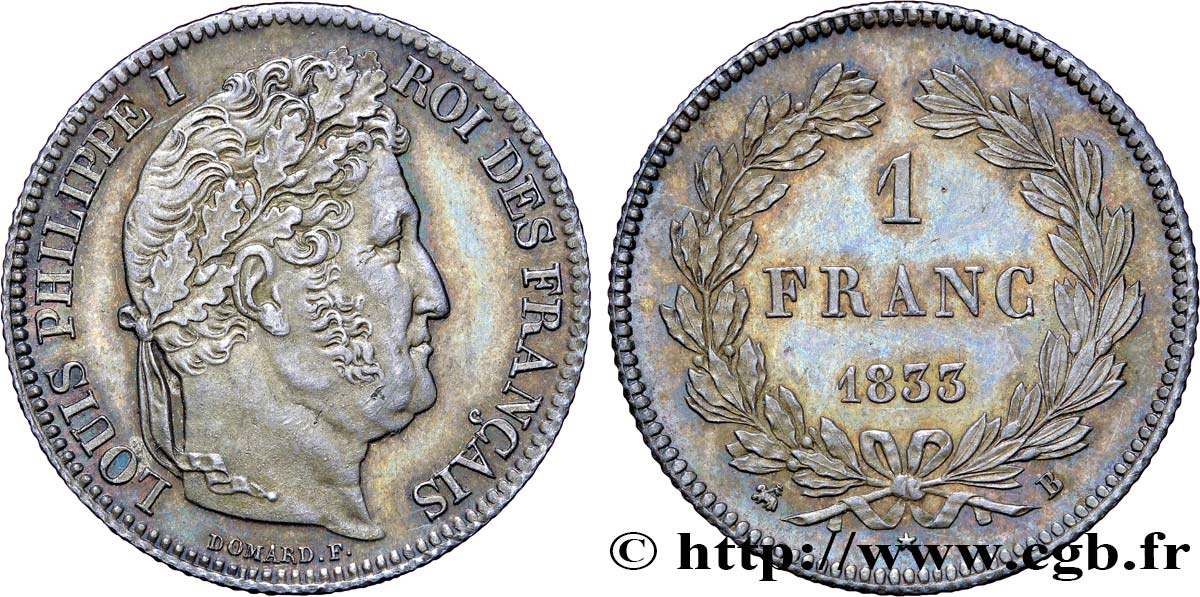 1 franc Louis-Philippe, couronne de chêne 1833 Rouen F.210/15 VZ60 