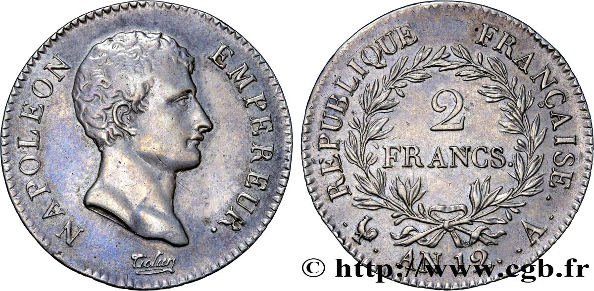 2 francs Napoléon Empereur, Calendrier révolutionnaire 1804 Paris F.251/1 MBC50 