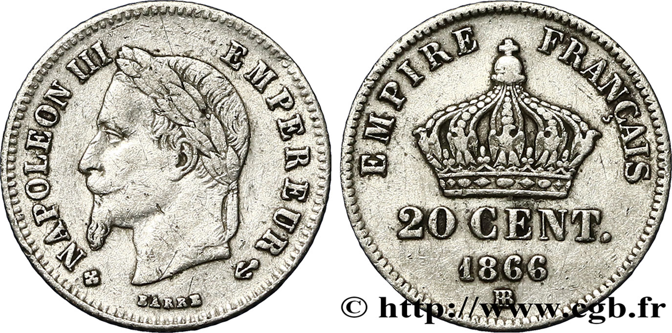 20 centimes Napoléon III, tête laurée, petit module 1866 Strasbourg F.149/5 VF35 