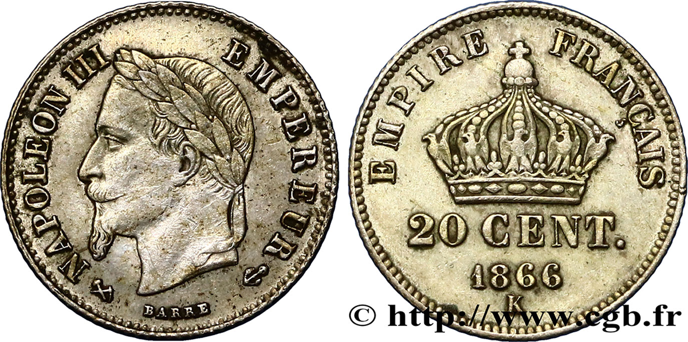 20 centimes III Napoléon tête laurée, petit module 1866 Bordeaux F.149/6 TB30 