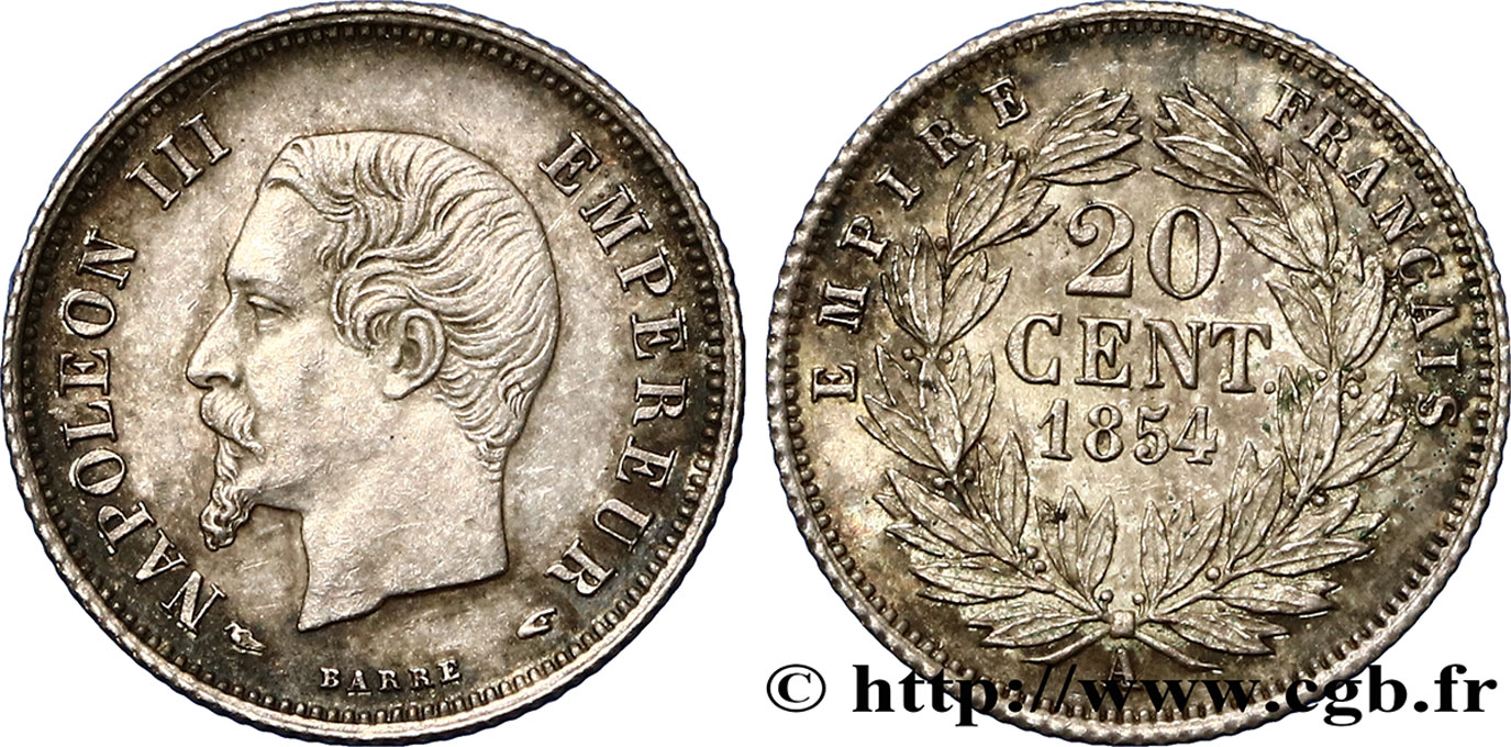 20 centimes Napoléon III, tête nue 1854 Paris F.148/2 AU50 