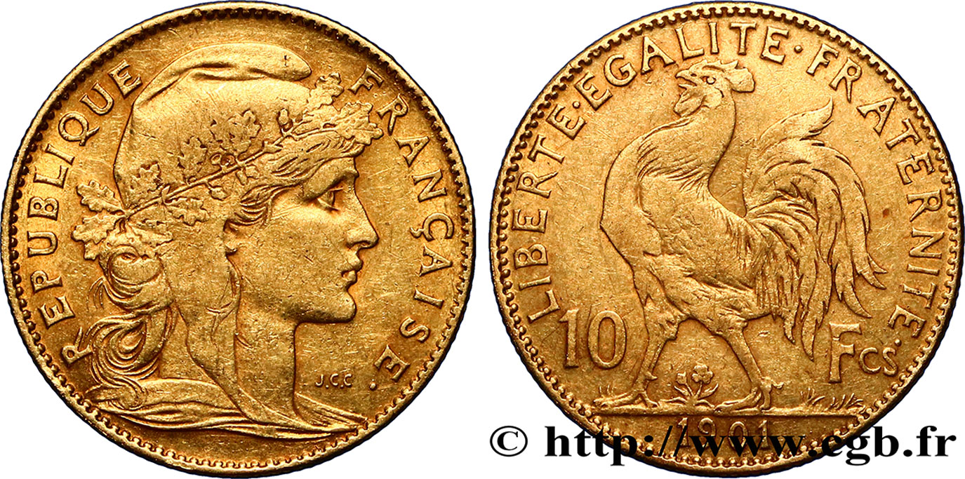 10 francs or Coq 1901 Paris F.509/5 XF40 