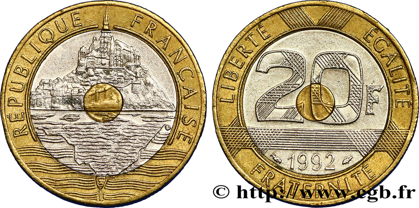 20 francs Mont Saint-Michel, 5 cannelures, V fermé 1992 Pessac F.403/2 AU50