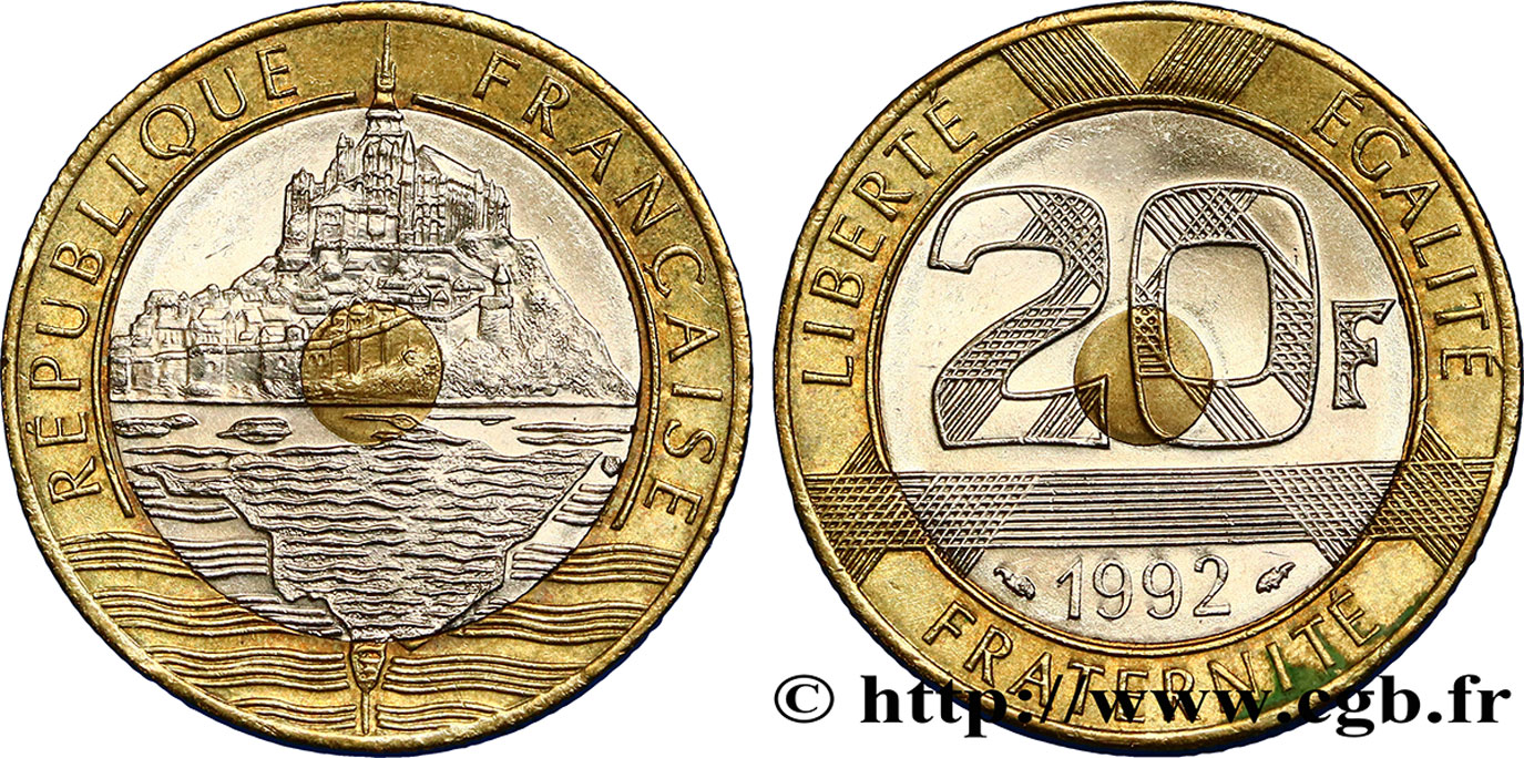20 francs Mont Saint-Michel, 5 cannelures, V fermé 1992 Pessac F.403/2 AU50