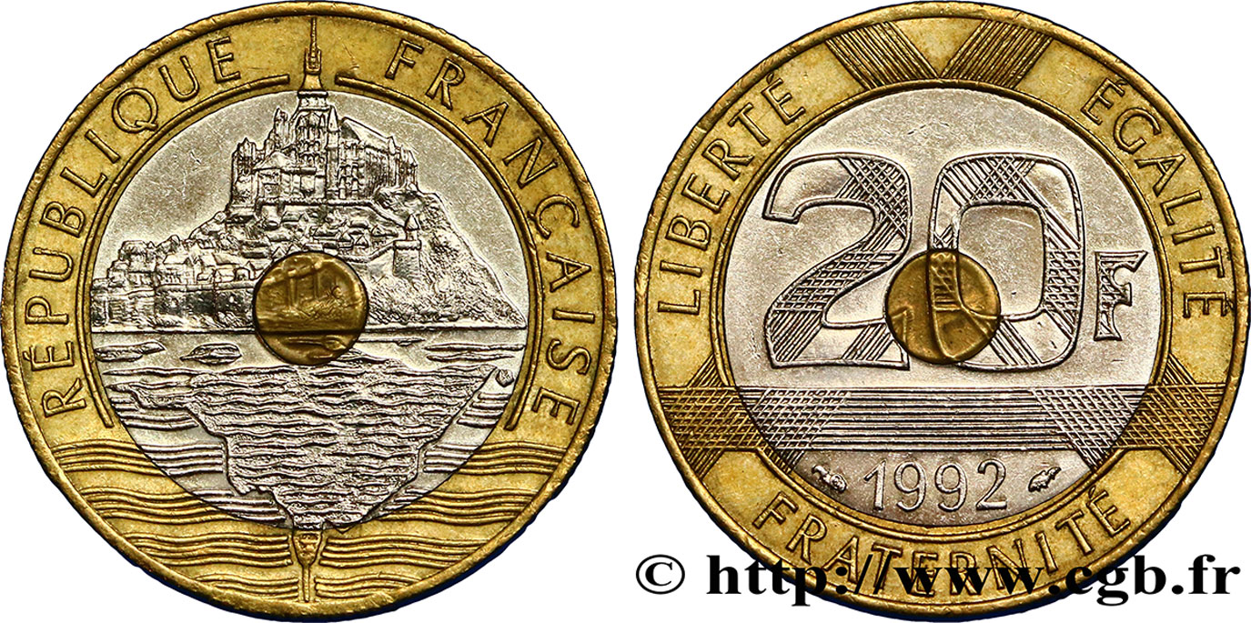 20 francs Mont Saint-Michel, 5 cannelures, V fermé 1992 Pessac F.403/2 AU50 