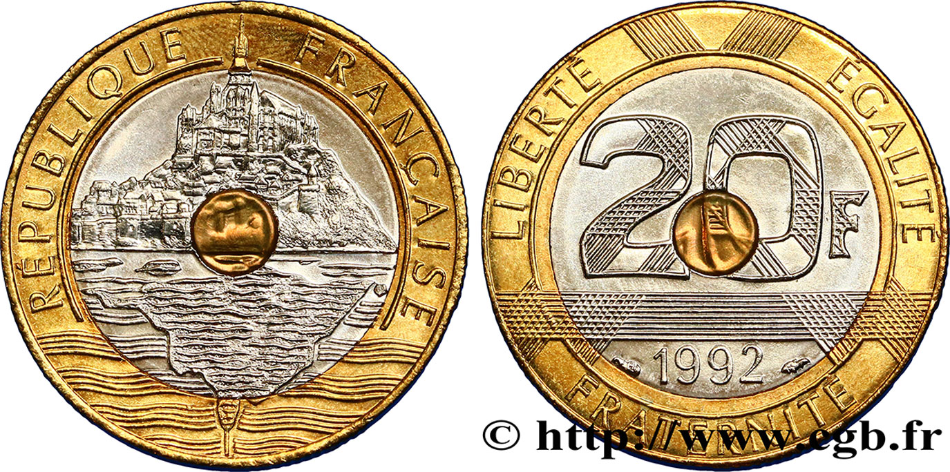20 francs Mont Saint-Michel, 5 cannelures, \ / ouvert 1992 Pessac F.403/3 SPL55 