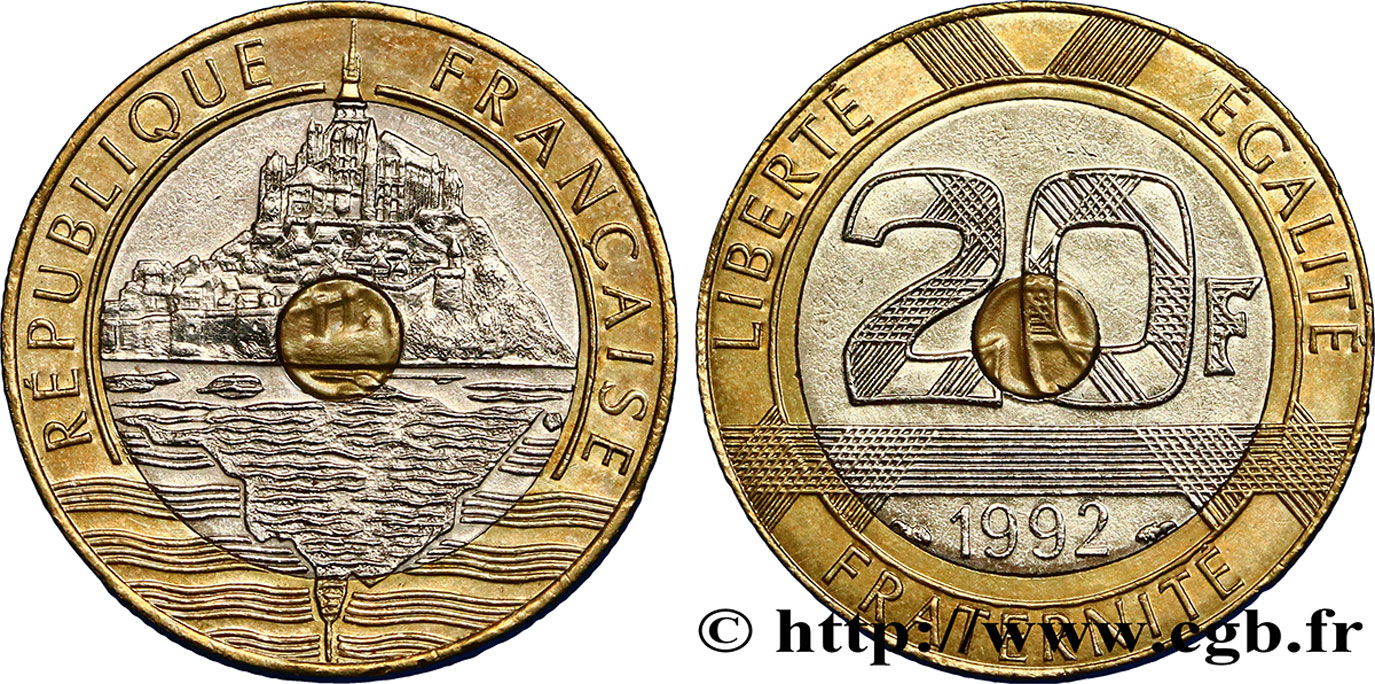 20 francs Mont Saint-Michel, 5 cannelures, \ / ouvert 1992 Pessac F.403/3 TTB50