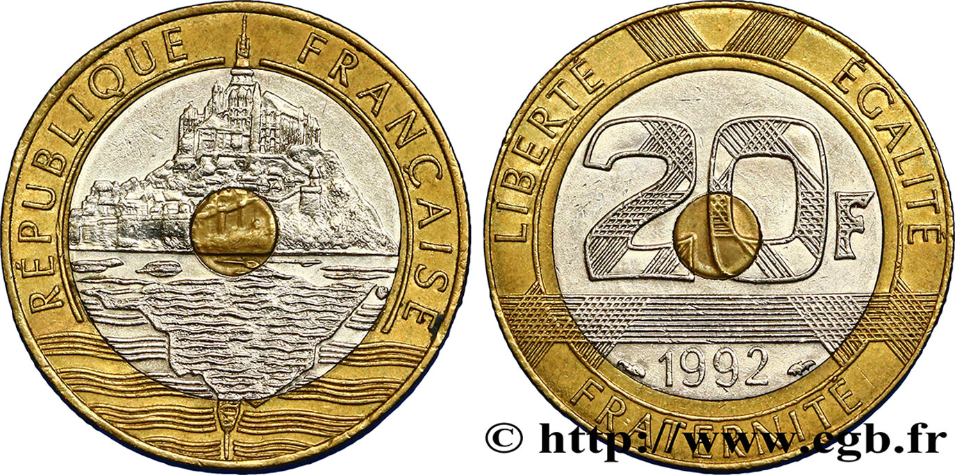 20 francs Mont Saint-Michel, 5 cannelures, \ / ouvert 1992 Pessac F.403/3 AU50