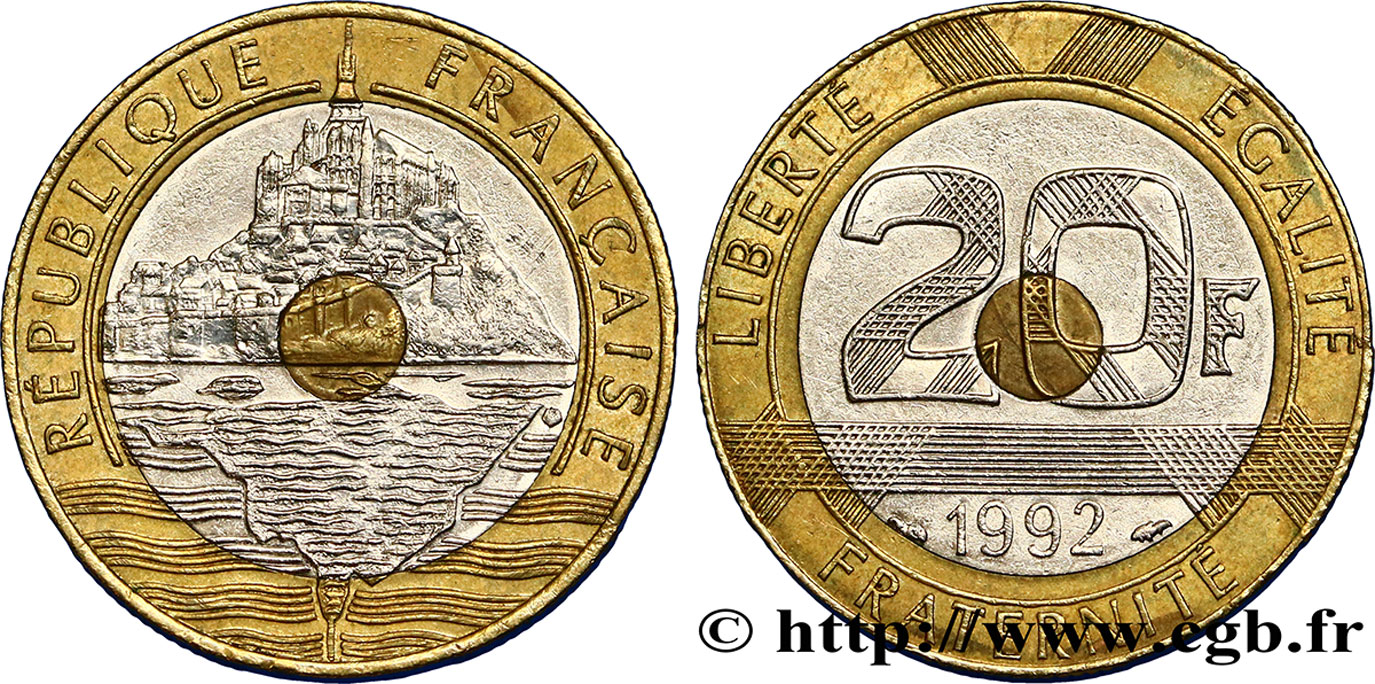 20 francs Mont Saint-Michel, 5 cannelures, \ / ouvert 1992 Pessac F.403/3 TTB50