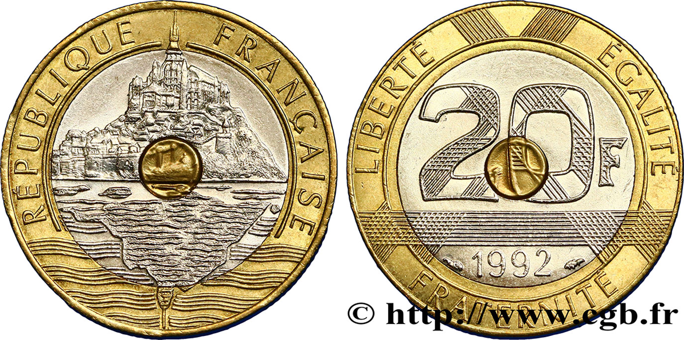 20 francs Mont Saint-Michel, 5 cannelures, \ / ouvert 1992 Pessac F.403/3 AU50 