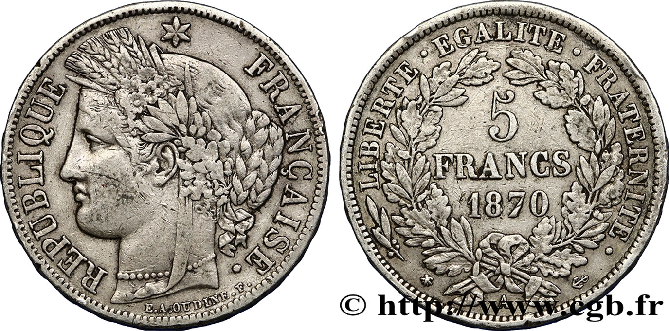 5 francs Cérès, avec légende 1870 Paris F.333/1 S30 