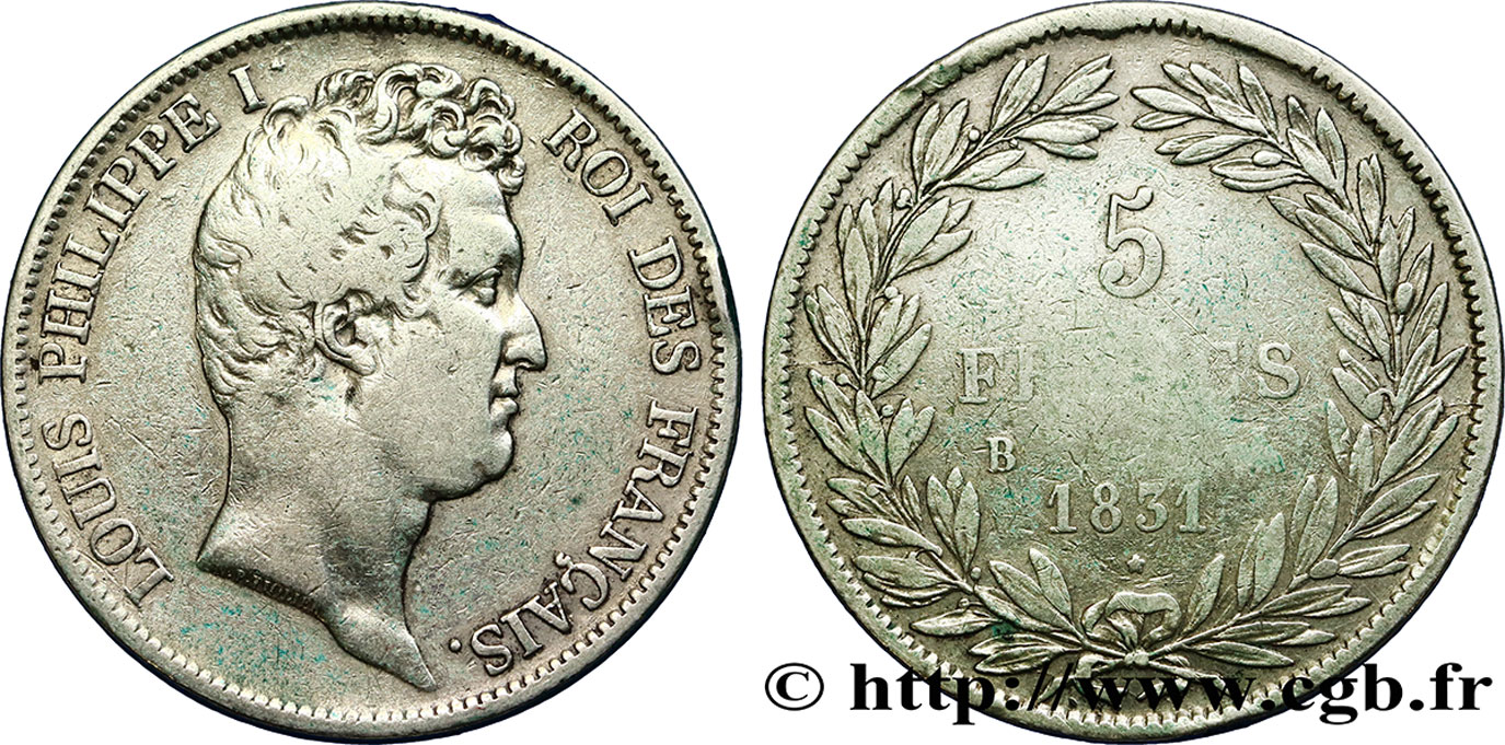 5 francs type Tiolier avec le I, tranche en creux 1831 Rouen F.315/15 TB 