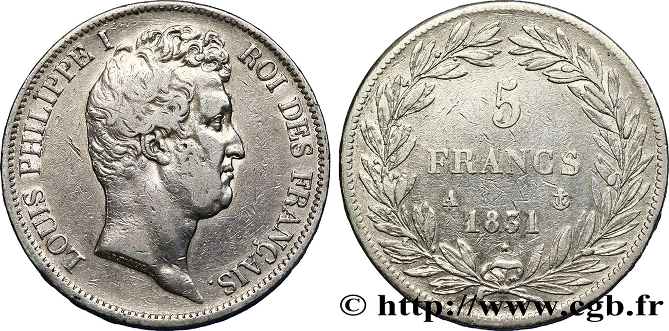 5 francs type Tiolier avec le I, tranche en relief 1831 Paris F.316/2 S 