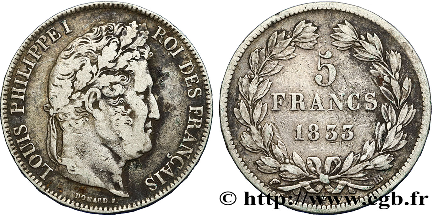 5 francs IIe type Domard 1833 Strasbourg F.324/16 VF25 