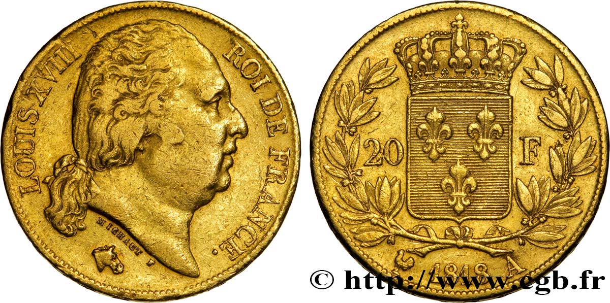 20 francs or Louis XVIII, tête nue 1818 Paris F.519/10 S30 