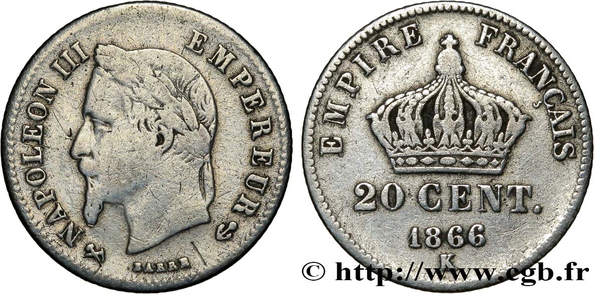 20 centimes Napoléon III, tête laurée, petit module 1866 Bordeaux F.149/6 TB15