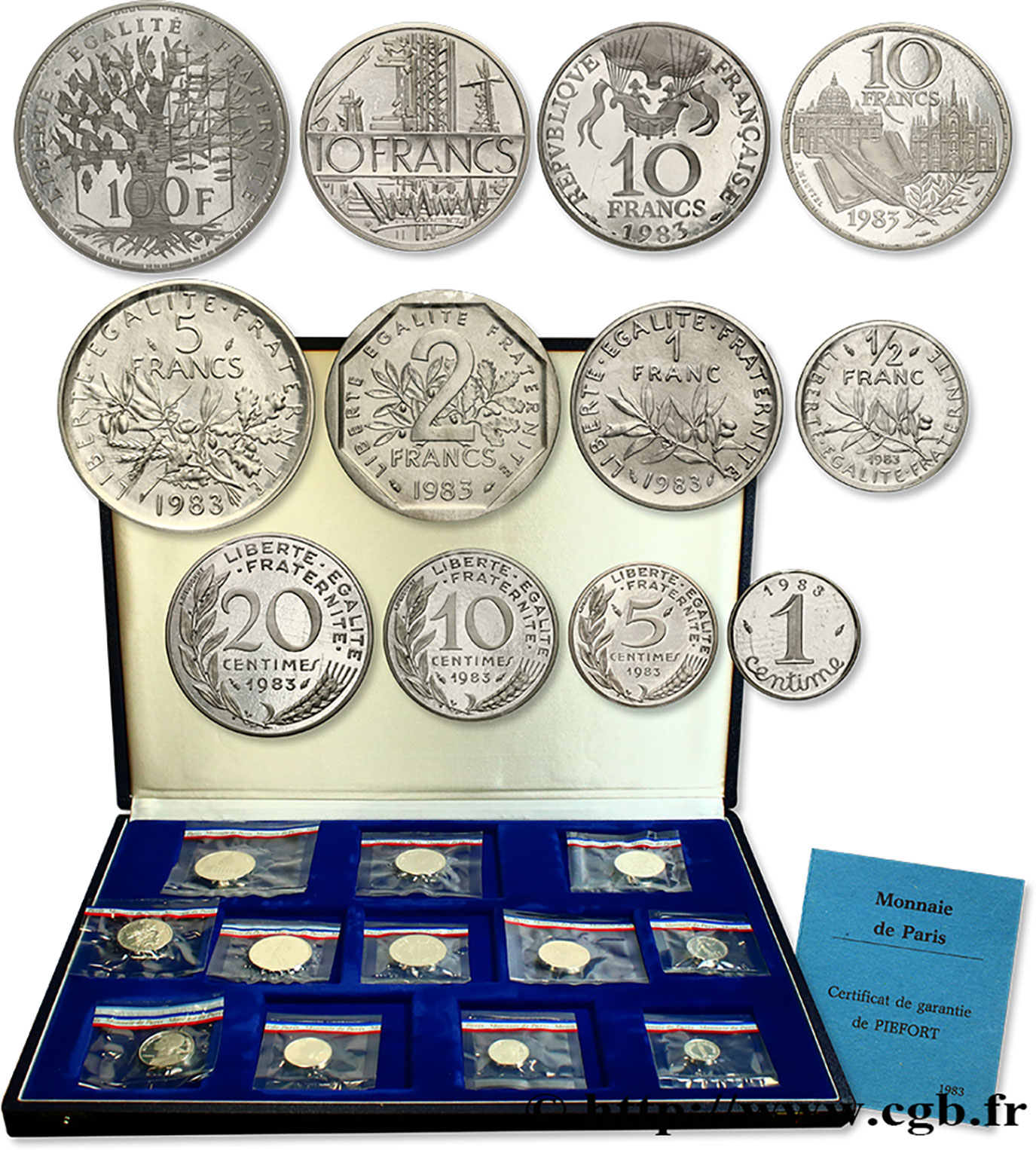 Coffret de 12 piéforts argent : 100, 10x3, 5, 2, 1 et 1/2 franc(s) et 20, 10, 5 et 1 centime(s) 1983 Pessac GEM.292 CPA15 MS 