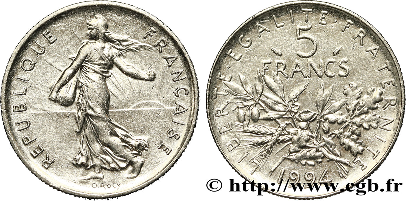 5 francs Semeuse, nickel, différent dauphin 1994 Pessac F.341/29 AU55 
