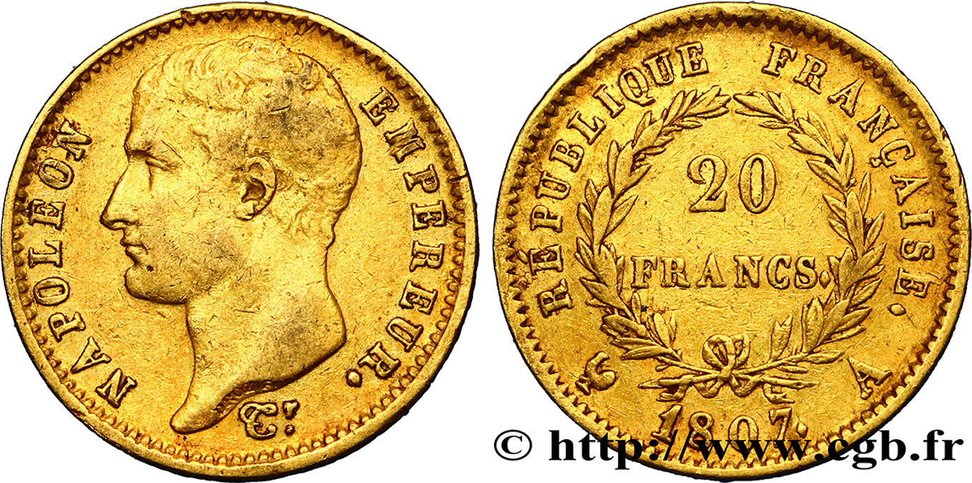 20 francs or Napoléon tête nue, type transitoire 1807 Paris F.514/1 S35 