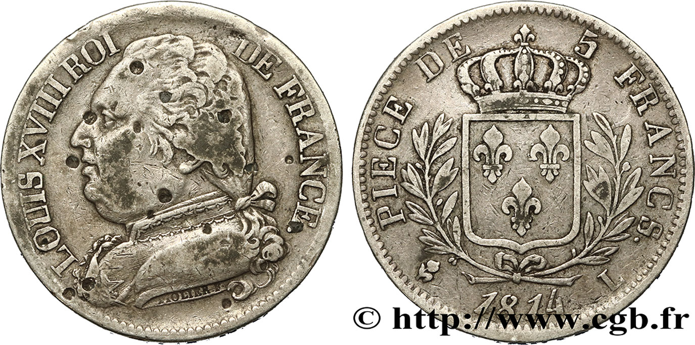 5 francs Louis XVIII, buste habillé 1814 Bayonne F.308/8 TB30