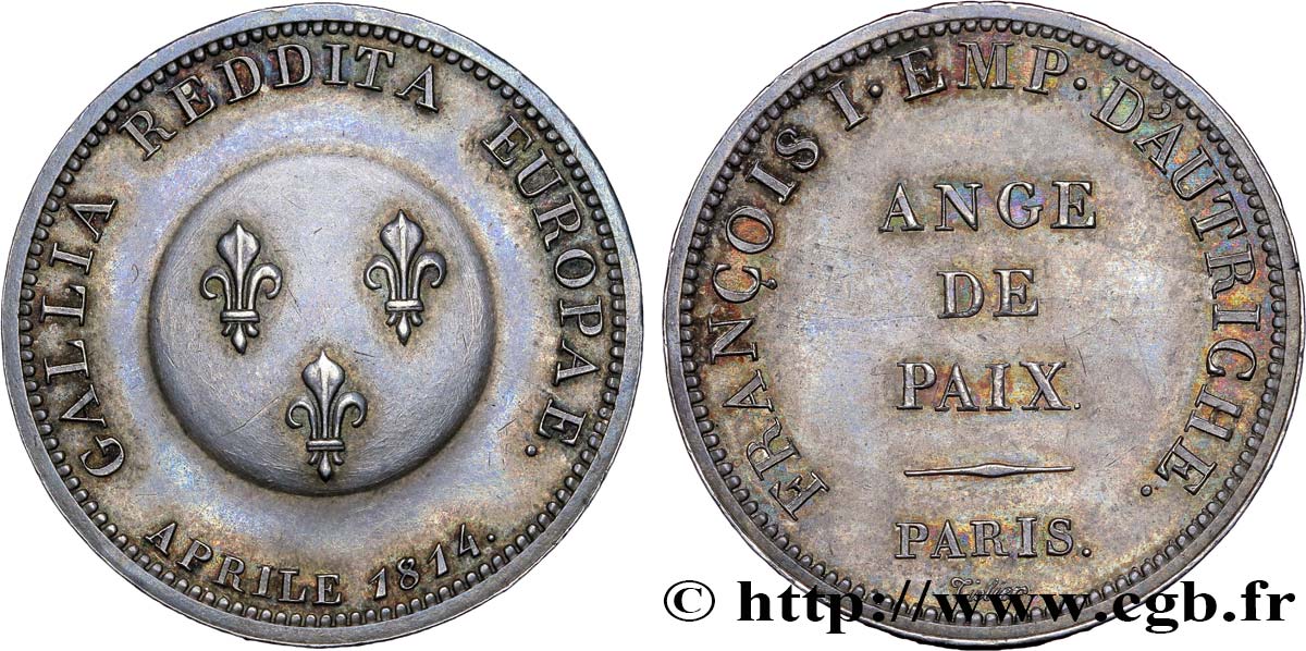 Ange de Paix, module de 2 francs pour François Ier d’Autriche en argent 1814 Paris VG.2357  SPL 