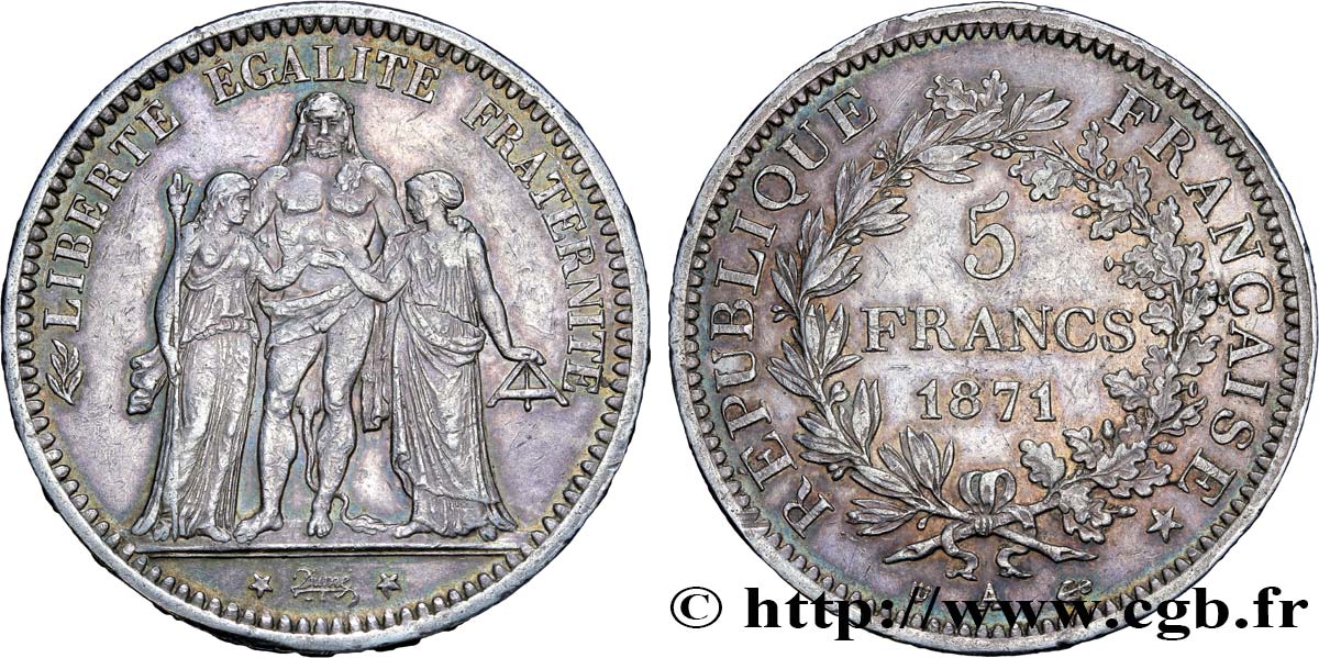 5 francs Hercule, dite “Camélinat” 1871 Paris F.334/3 XF48 