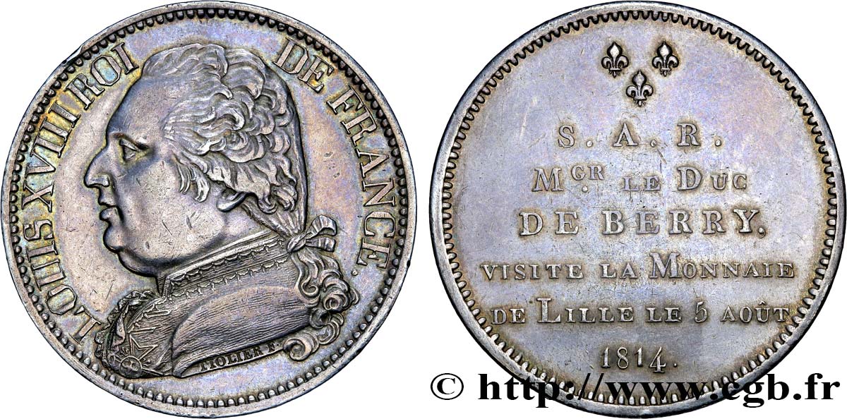 Monnaie de visite, module de 5 francs, pour le duc de Berry à la Monnaie de Lille 1814  VG.2371  SPL55 