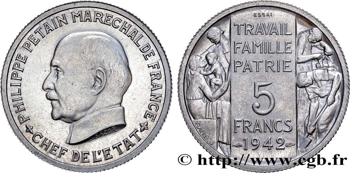 Essai grand module de 5 francs Pétain en aluminium de Bazor et Galle 1942  GEM.143 3 MS64 