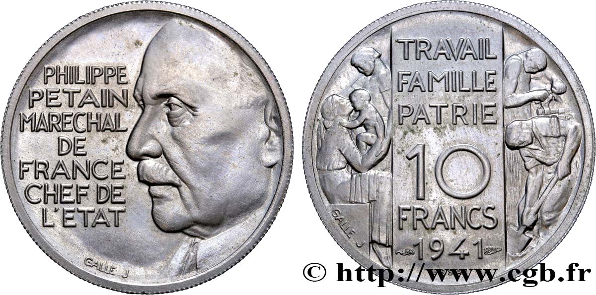 Essai de 10 Francs Pétain en cupro-nickel de Galle 1941  GEM.176 2 fST 