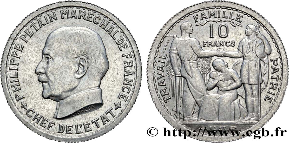 Essai de 10 Francs Pétain en aluminium de Bazor/Vézien 1943  GEM.179 1 fST 