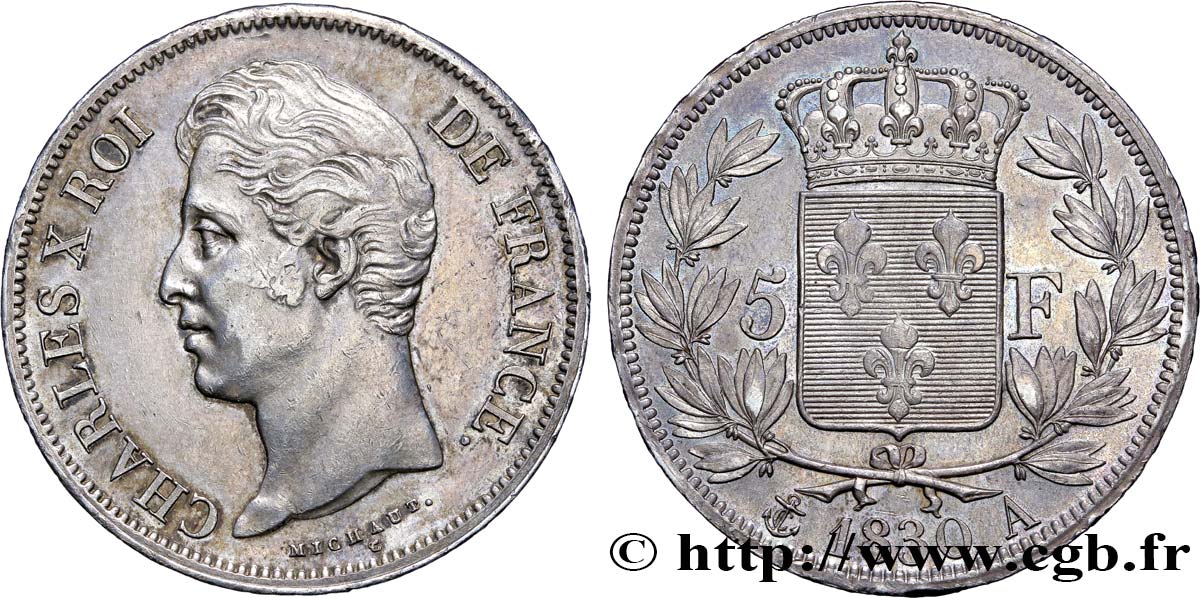 5 francs Charles X 2e type, tranche en relief 1830 Paris F.312/1 BB50 