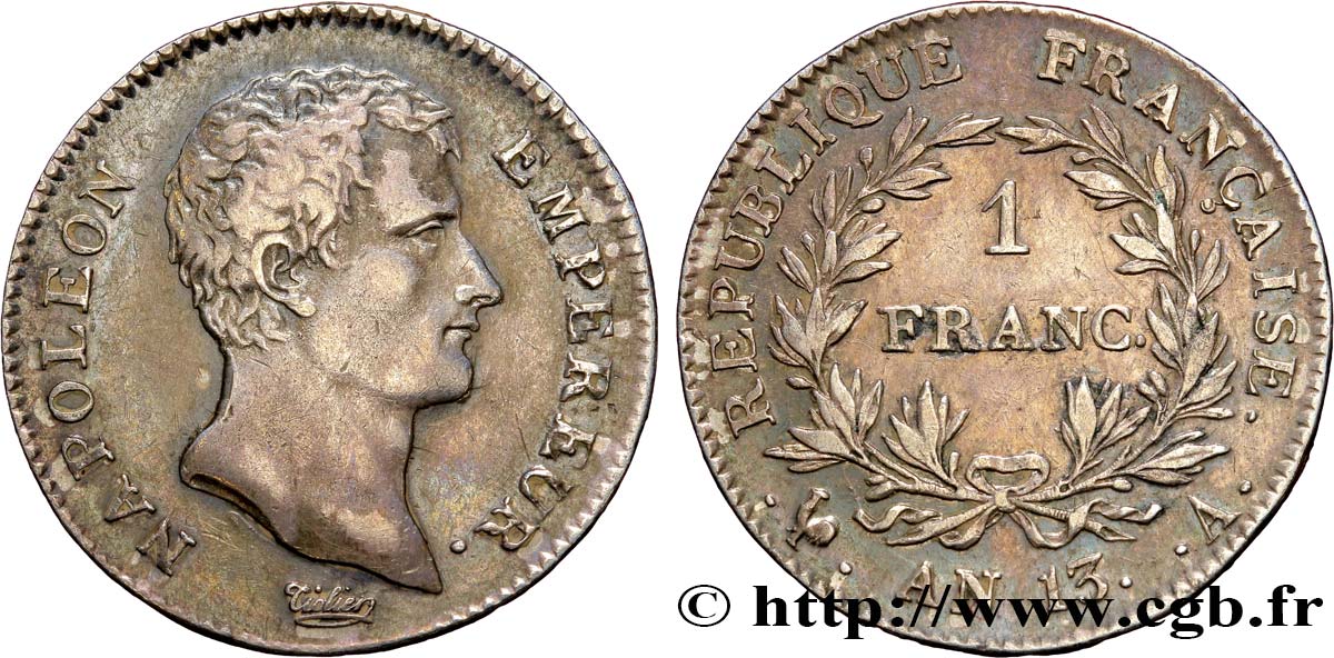 1 franc Napoléon Empereur, Calendrier révolutionnaire 1805 Paris F.201/14 SS50 